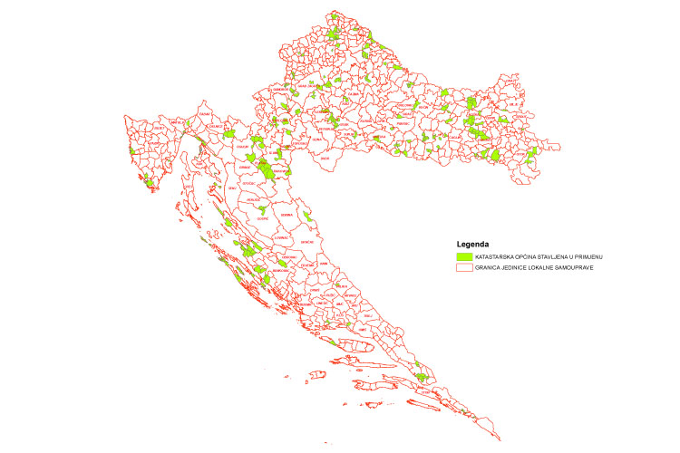 Schema Hrvatske s podjelom na katastarske općine na kojoj se vidi primjena katastarskih izmjera, stanje na dan 03.08.2020. godine.